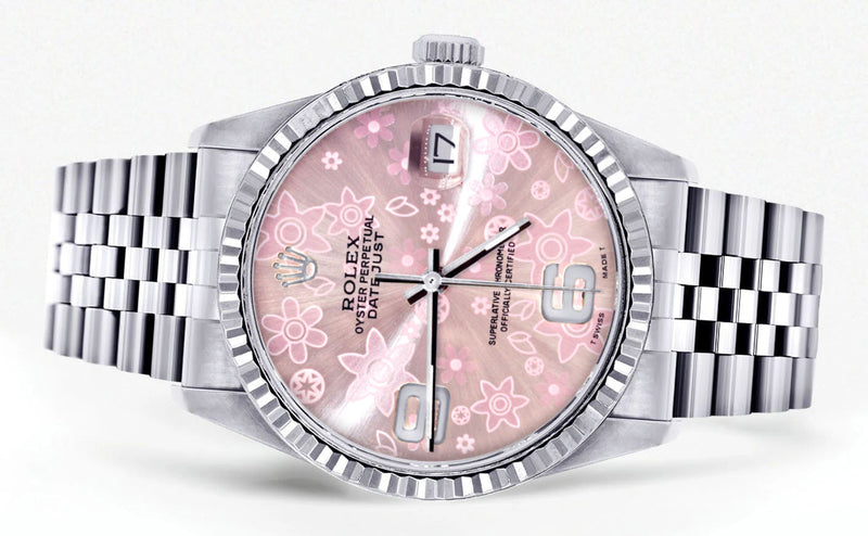 Womens Rolex Datejust Watch 16200 | Fluted Bezel | 36Mm | Pink Flower Dial | Fluted Bezel | Jubilee Band