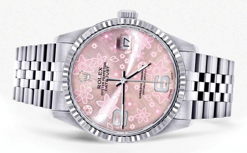 Mens Rolex Datejust Watch 16200 | Fluted Bezel | 36Mm | Pink Flower Dial | Jubilee Band
