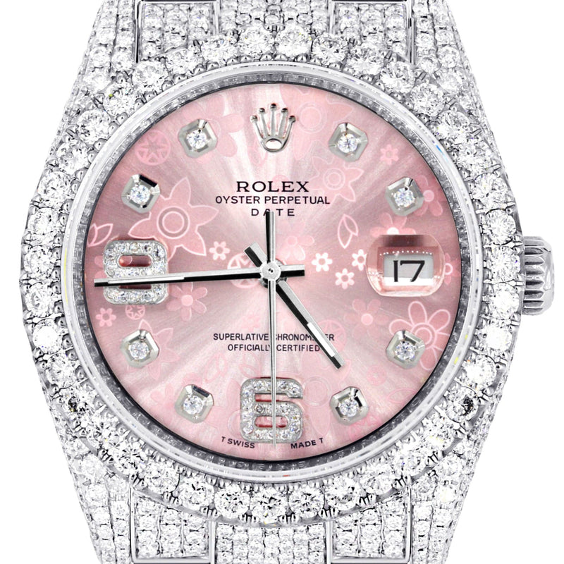 Iced Out Rolex Datejust 36 MM | Stainless Steel | 16.5 Carats of Diamonds | Pink Floral Diamond Dial | Oyster Band | Model 116200
