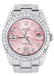 Iced Out Rolex Datejust 36 MM | Stainless Steel | 16.5 Carats of Diamonds | Pink Floral Diamond Dial | Oyster Band | Model 116200