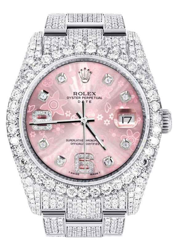 Iced Out Rolex Datejust 36 MM | Stainless Steel | 16.5 Carats of Diamonds | Pink Floral Diamond Dial | Oyster Band | Model 116200