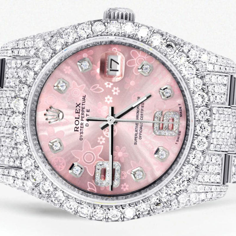 Iced Out Rolex Datejust 36 MM | Stainless Steel | 16.5 Carats of Diamonds | Pink Floral Diamond Dial | Oyster Band | Model 116200