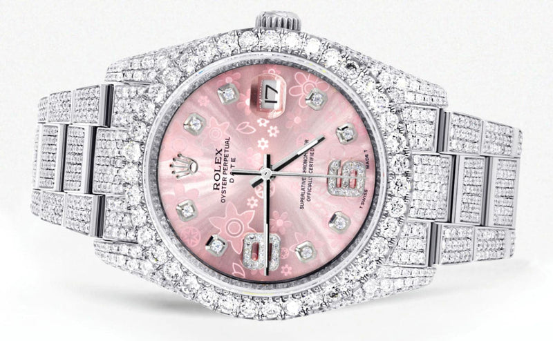 Iced Out Rolex Datejust 36 MM | Stainless Steel | 16.5 Carats of Diamonds | Pink Floral Diamond Dial | Oyster Band | Model 116200