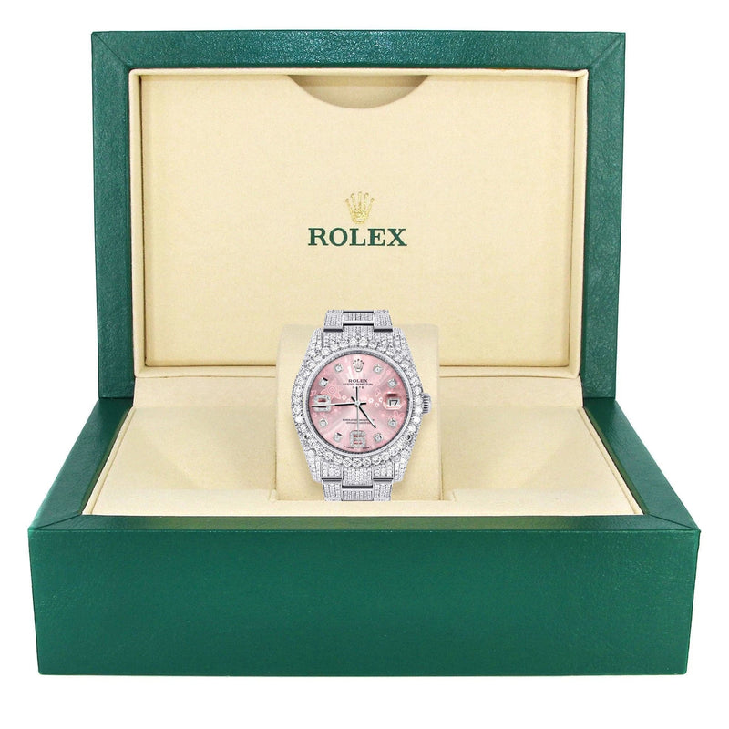 Iced Out Rolex Datejust 36 MM | Stainless Steel | 16.5 Carats of Diamonds | Pink Floral Diamond Dial | Oyster Band | Model 116200