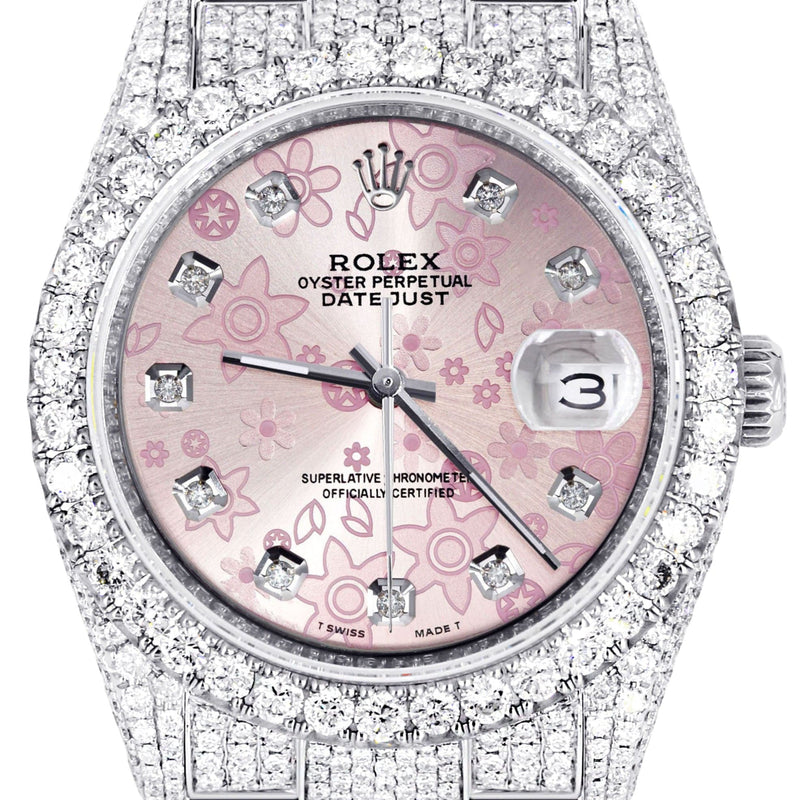 Iced Out Rolex Datejust 36 MM | Stainless Steel | 16.5 Carats of Diamonds | Pink Flower Diamond Dial | Oyster Band | Model 116200