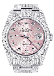 Iced Out Rolex Datejust 36 MM | Stainless Steel | 16.5 Carats of Diamonds | Pink Flower Diamond Dial | Oyster Band | Model 116200