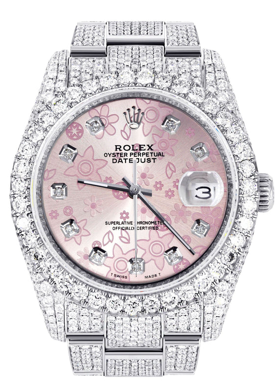 Iced Out Rolex Datejust 36 MM | Stainless Steel | 16.5 Carats of Diamonds | Pink Flower Diamond Dial | Oyster Band | Model 116200