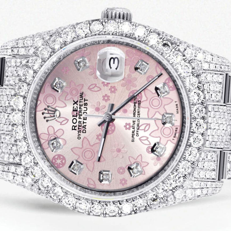 Iced Out Rolex Datejust 36 MM | Stainless Steel | 16.5 Carats of Diamonds | Pink Flower Diamond Dial | Oyster Band | Model 116200