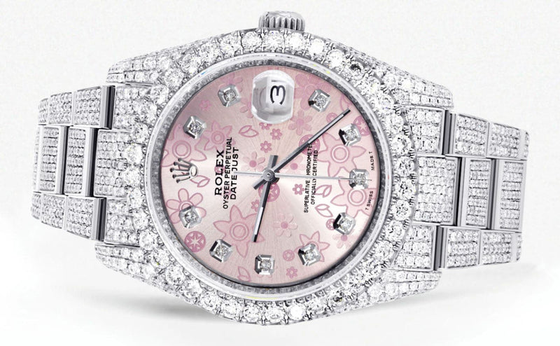 Iced Out Rolex Datejust 36 MM | Stainless Steel | 16.5 Carats of Diamonds | Pink Flower Diamond Dial | Oyster Band | Model 116200