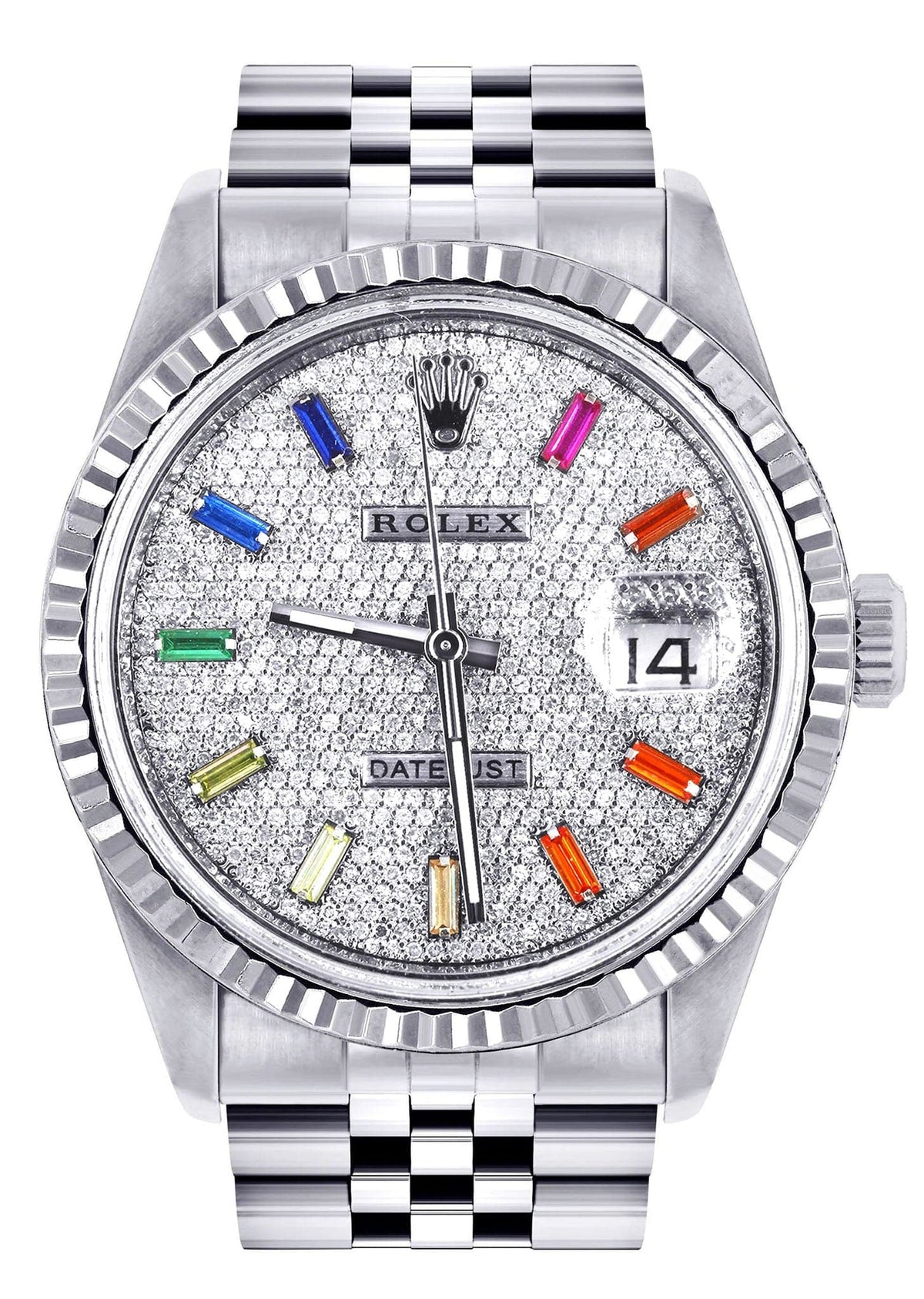 Mens Rolex Datejust Watch 16200 | Fluted Bezel | 36Mm | Color Baguettes Diamond Dial | Fluted Bezel | Jubilee Band