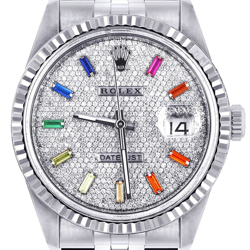 Womens Rolex Datejust Watch 16200 | Fluted Bezel | 36Mm | Color Baguettes Diamond Dial | Fluted Bezel | Jubilee Band