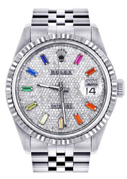 Womens Rolex Datejust Watch 16200 | Fluted Bezel | 36Mm | Color Baguettes Diamond Dial | Fluted Bezel | Jubilee Band