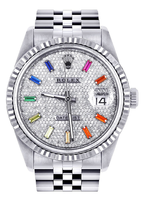 Womens Rolex Datejust Watch 16200 | Fluted Bezel | 36Mm | Color Baguettes Diamond Dial | Fluted Bezel | Jubilee Band