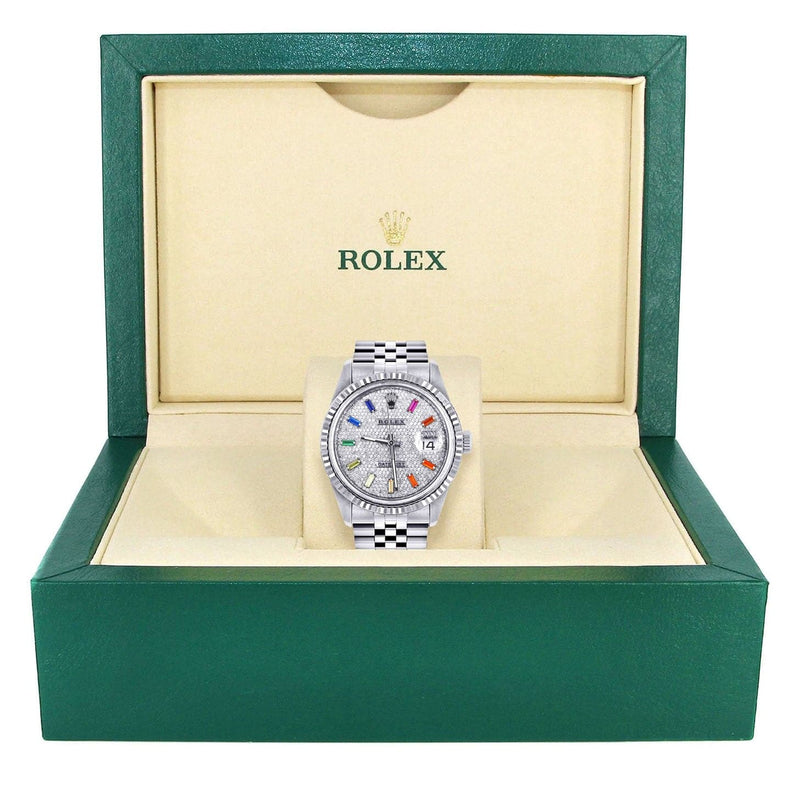 Mens Rolex Datejust Watch 16200 | Fluted Bezel | 36Mm | Color Baguettes Diamond Dial | Fluted Bezel | Jubilee Band