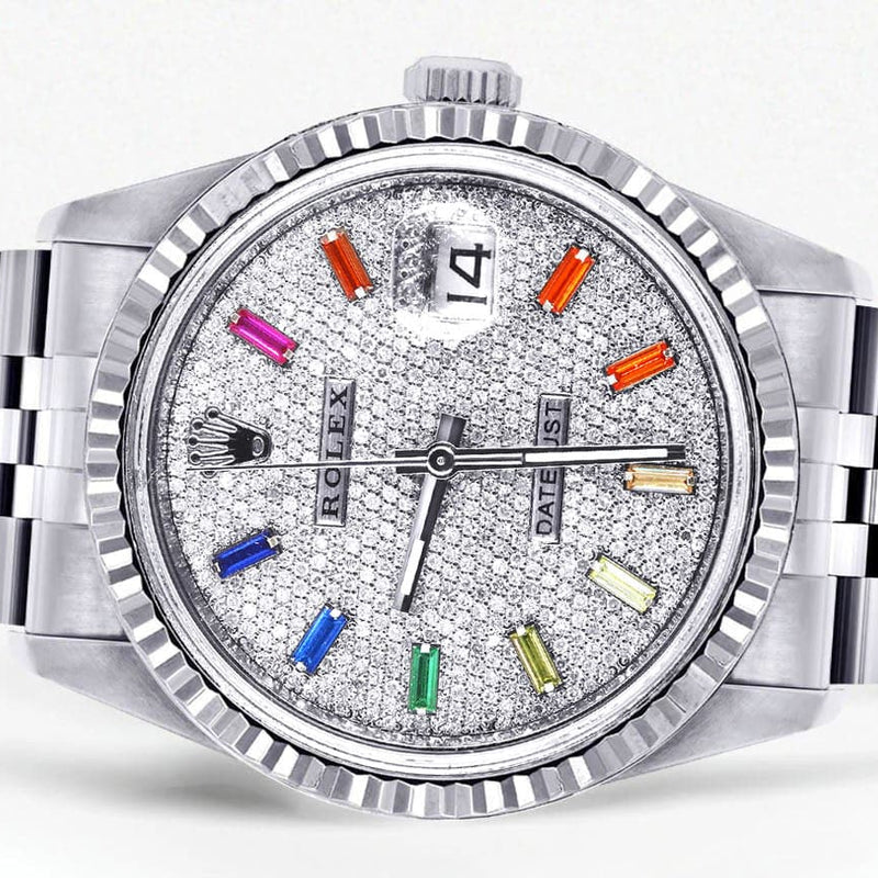 Mens Rolex Datejust Watch 16200 | Fluted Bezel | 36Mm | Color Baguettes Diamond Dial | Fluted Bezel | Jubilee Band