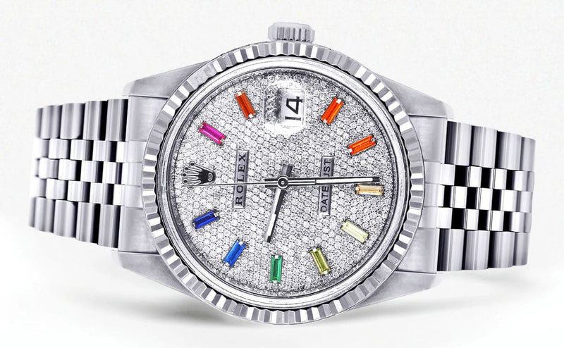 Mens Rolex Datejust Watch 16200 | Fluted Bezel | 36Mm | Color Baguettes Diamond Dial | Fluted Bezel | Jubilee Band
