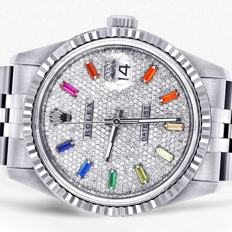 Womens Rolex Datejust Watch 16200 | Fluted Bezel | 36Mm | Color Baguettes Diamond Dial | Fluted Bezel | Jubilee Band