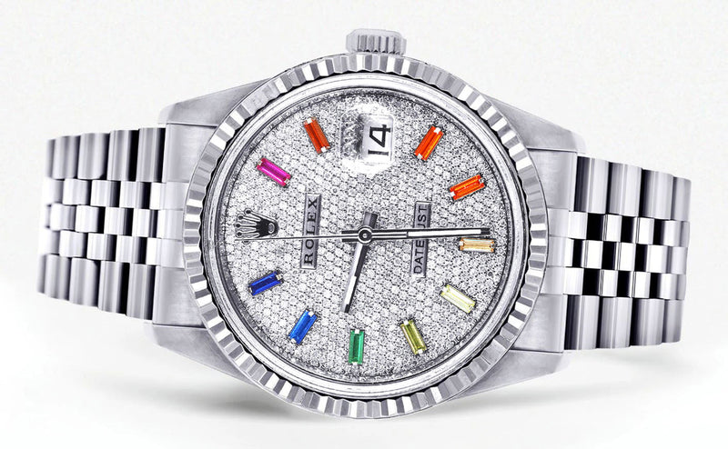 Womens Rolex Datejust Watch 16200 | Fluted Bezel | 36Mm | Color Baguettes Diamond Dial | Fluted Bezel | Jubilee Band