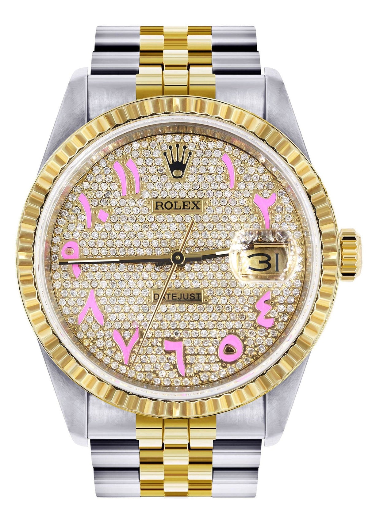 Mens Rolex Datejust Watch 16233 Two Tone | Fluted Bezel | 36Mm | Diamond Pink Arabic Numeral | Jubilee Band