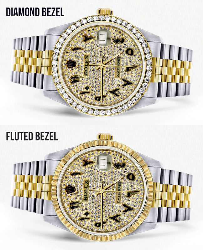 Womens Diamond Gold Rolex Watch 16233 | 36Mm | Black Arabic Full Diamond Dial | Jubilee Band