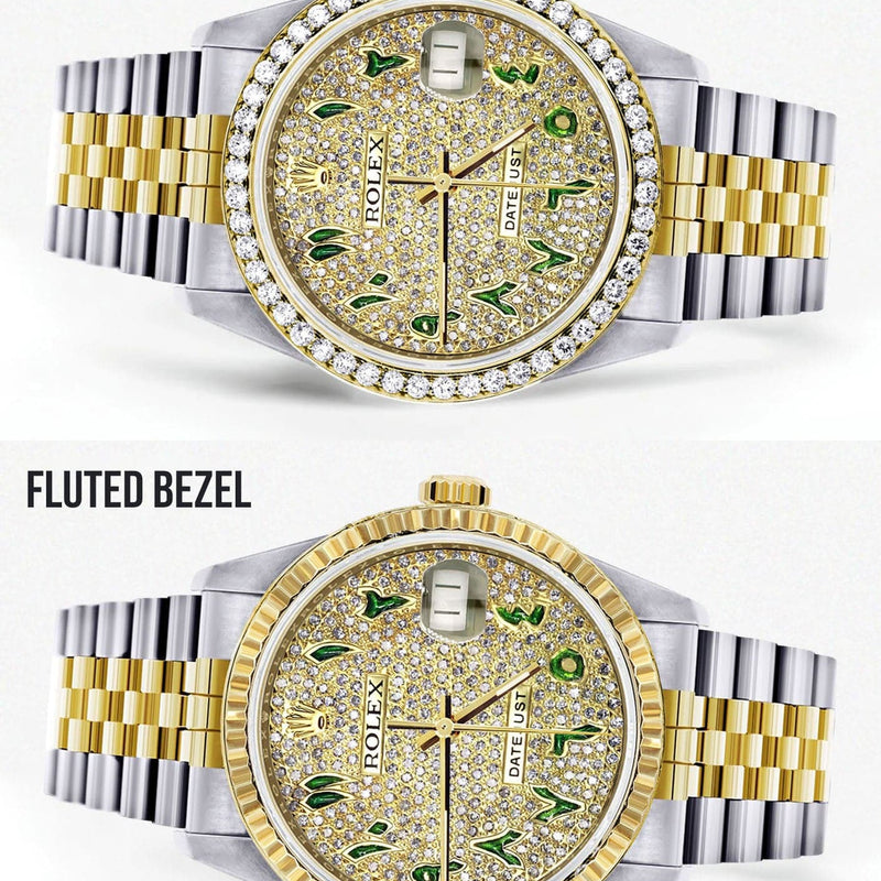 Diamond Gold Rolex Watch For Men 16233 | 36Mm | Custom Green Arabic Full Diamond Dial | Jubilee Band