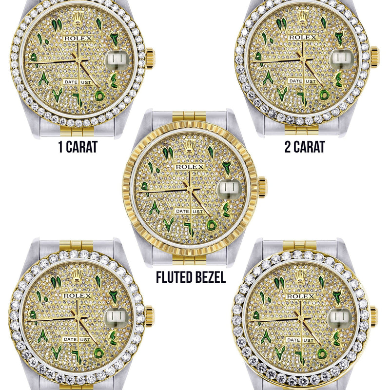 Diamond Gold Rolex Watch For Men 16233 | 36Mm | Custom Green Arabic Full Diamond Dial | Jubilee Band