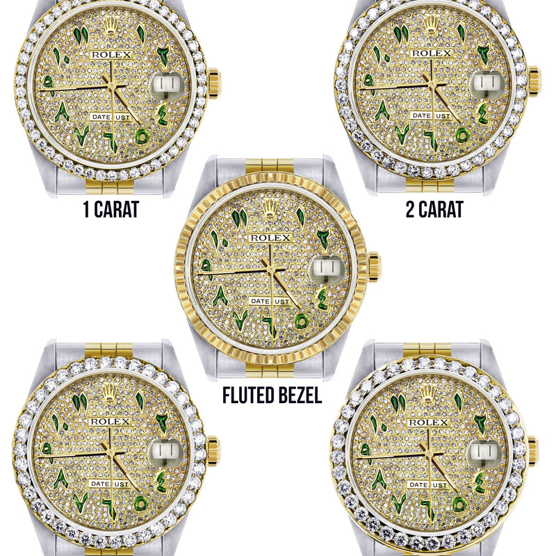 Womens Diamond Gold Rolex Watch 16233 | 36Mm | Custom Green Arabic Full Diamond Dial | Jubilee Band