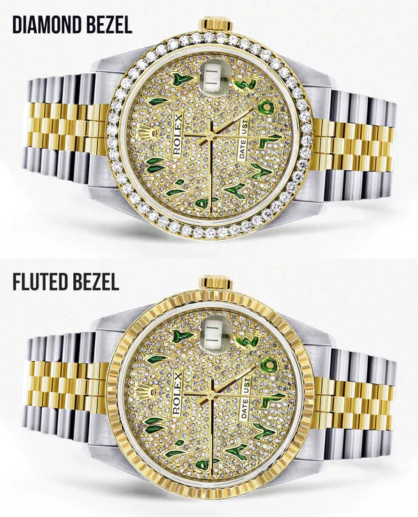 Diamond Gold Rolex Datejust Watch 16233 | 36MM | Custom Green Arabic Full Diamond Dial | Stainless Steel | Jubilee Band