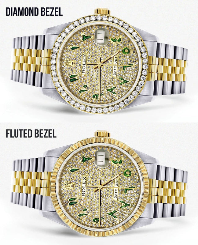 Diamond Gold Rolex Watch For Men 16233 | 36Mm | Custom Green Arabic Full Diamond Dial | Jubilee Band