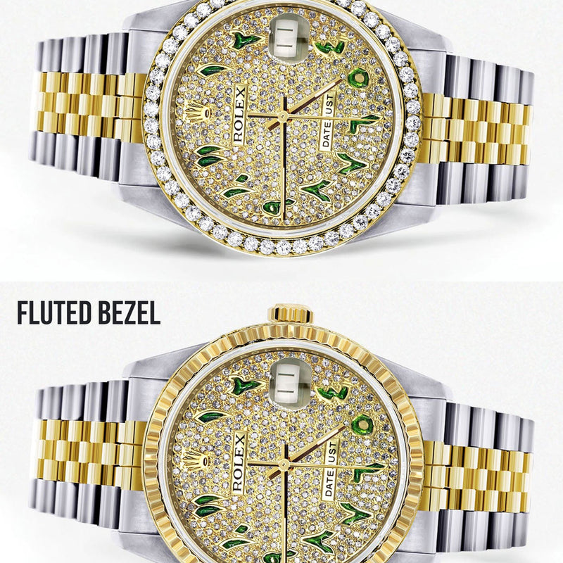 Womens Diamond Gold Rolex Watch 16233 | 36Mm | Custom Green Arabic Full Diamond Dial | Jubilee Band
