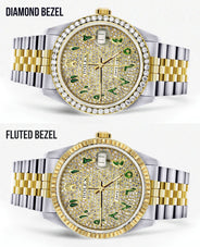 Womens Diamond Gold Rolex Watch 16233 | 36Mm | Custom Green Arabic Full Diamond Dial | Jubilee Band