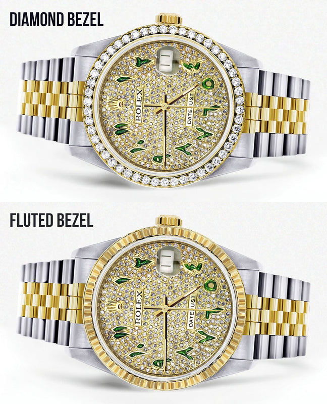 Womens Diamond Gold Rolex Watch 16233 | 36Mm | Custom Green Arabic Full Diamond Dial | Jubilee Band