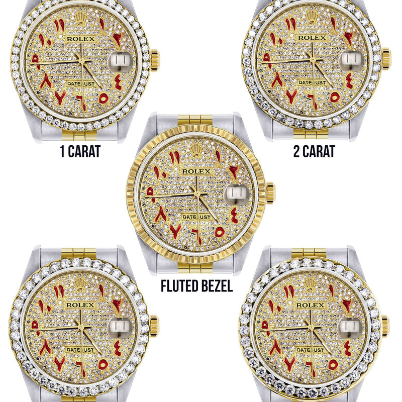 Diamond Gold Rolex Watch For Men 16233 | 36Mm | Custom Red Arabic Full Diamond Dial | Jubilee Band