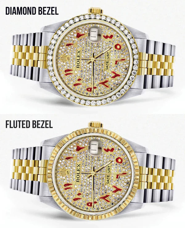 Diamond Rolex Datejust Watch 16233 | 36MM | Custom Red Arabic Full Diamond Dial | Stainless Steel | Jubilee Band