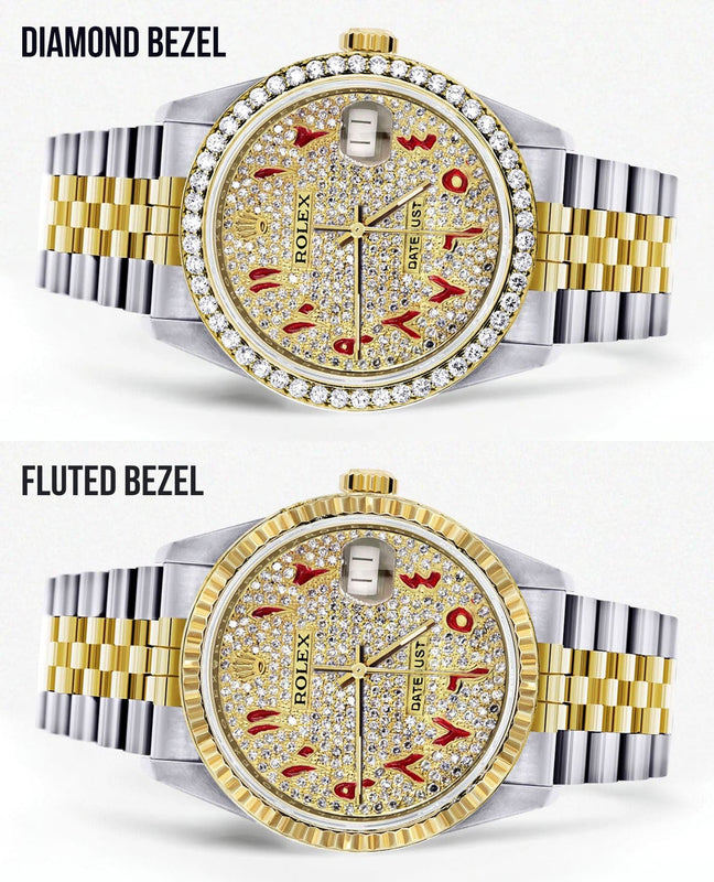 Diamond Gold Rolex Watch For Men 16233 | 36Mm | Custom Red Arabic Full Diamond Dial | Jubilee Band
