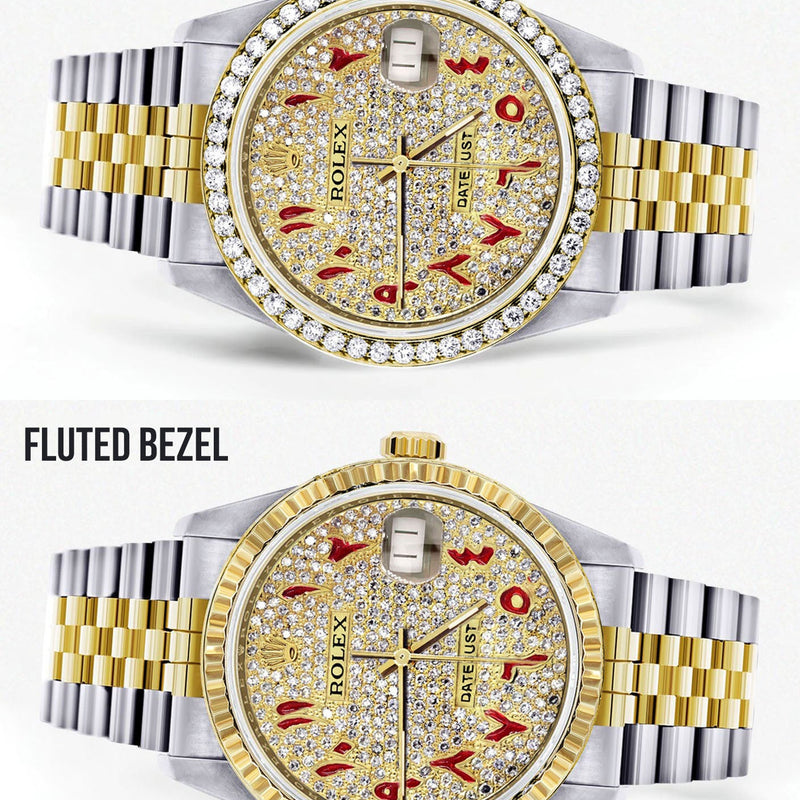 Womens Gold Rolex Watch 16233 | 36Mm | Custom Red Arabic Full Diamond Dial | Jubilee Band