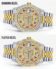 Womens Gold Rolex Watch 16233 | 36Mm | Custom Red Arabic Full Diamond Dial | Jubilee Band