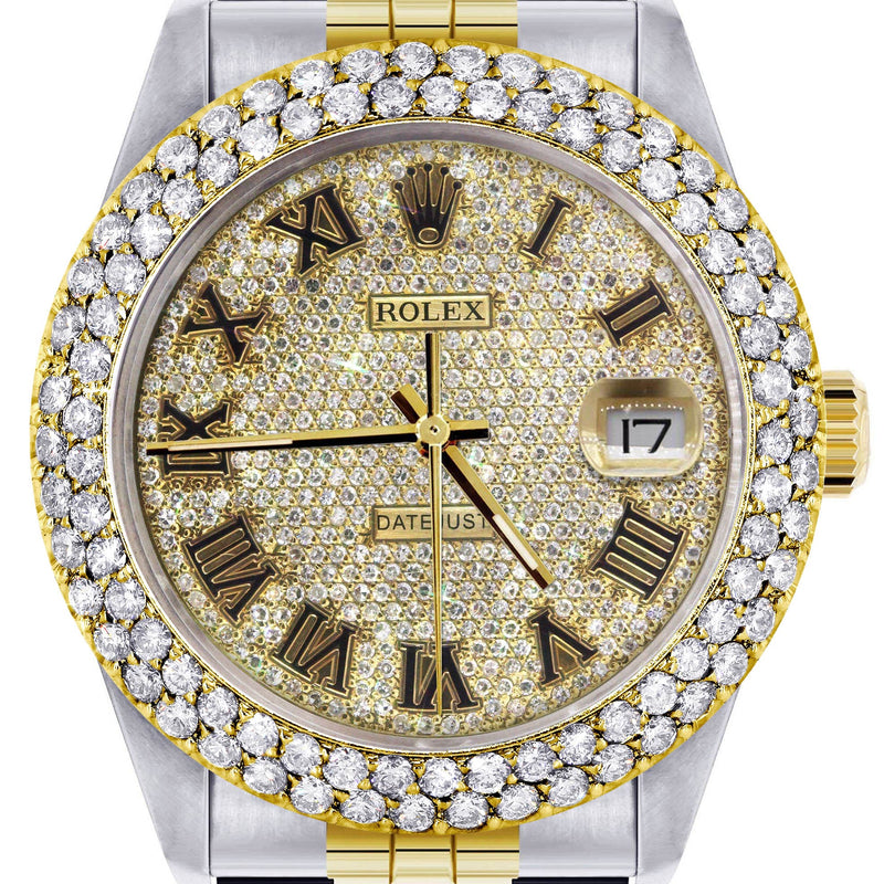 Diamond Gold Rolex Watch For Men 16233 | 36Mm | Diamond Gold Roman Numeral Dial | Two Row 4.25 Carat Bezel | Jubilee Band