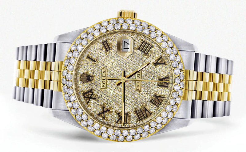 Diamond Gold Rolex Watch For Men 16233 | 36Mm | Diamond Gold Roman Numeral Dial | Two Row 4.25 Carat Bezel | Jubilee Band