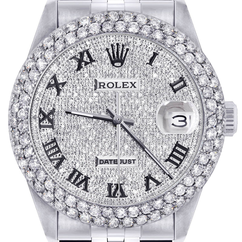 Mens Rolex Datejust Watch 16200 | 36Mm | Full Diamond Roman Numeral Dial | Two Row 4.25 Carat Bezel | Jubilee Band