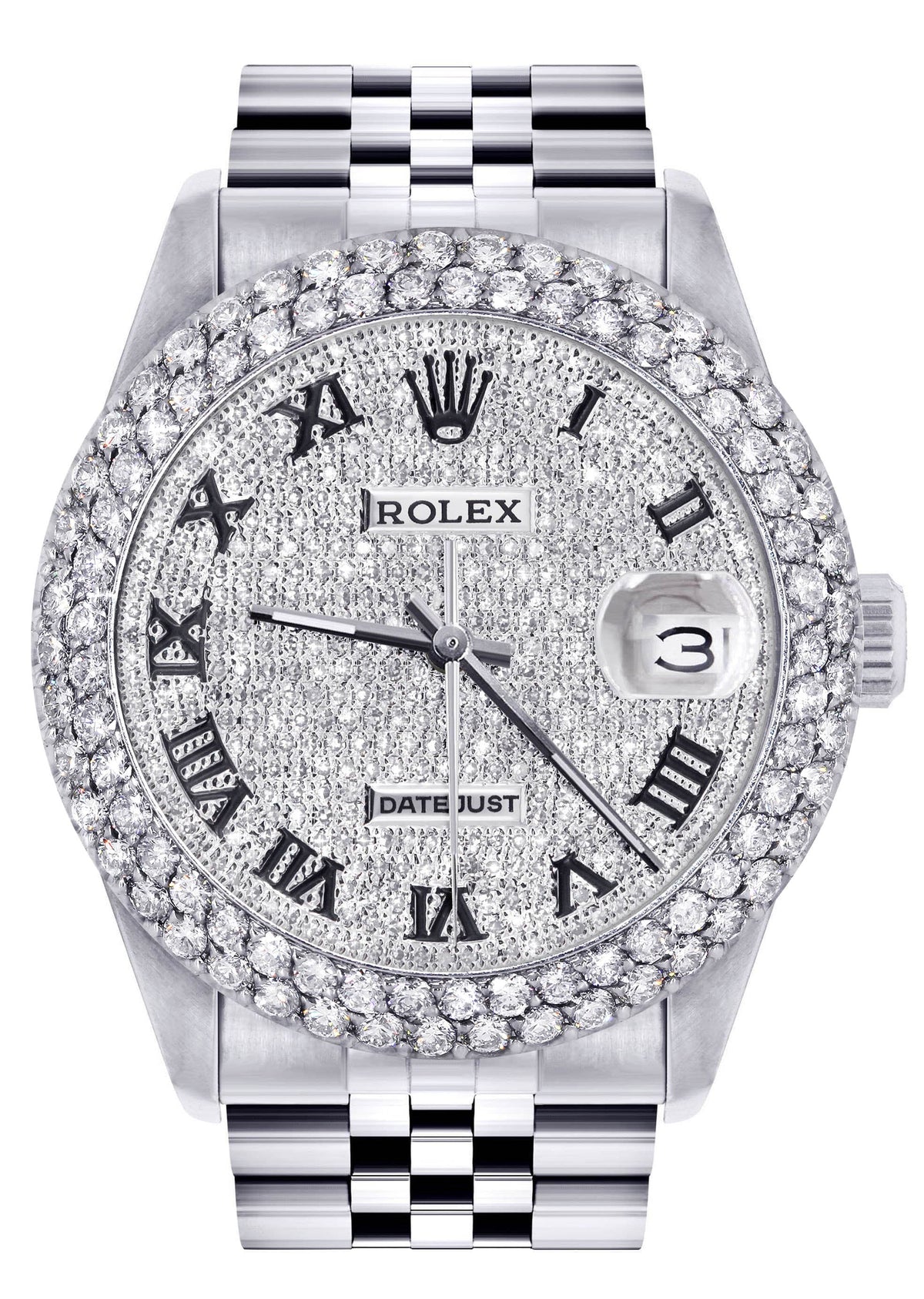 Mens Rolex Datejust Watch 16200 | 36Mm | Full Diamond Roman Numeral Dial | Two Row 4.25 Carat Bezel | Jubilee Band