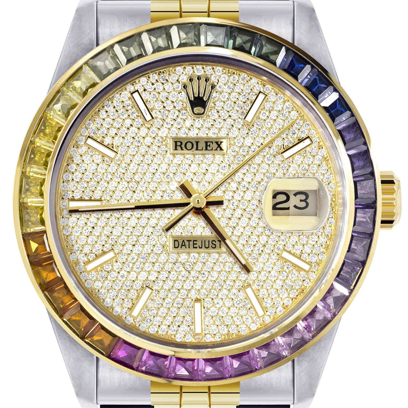 Diamond Gold Rolex Watch For Men 16233 | 36Mm | Rainbow Sapphire Bezel | Full Diamond Dial | Jubilee Band