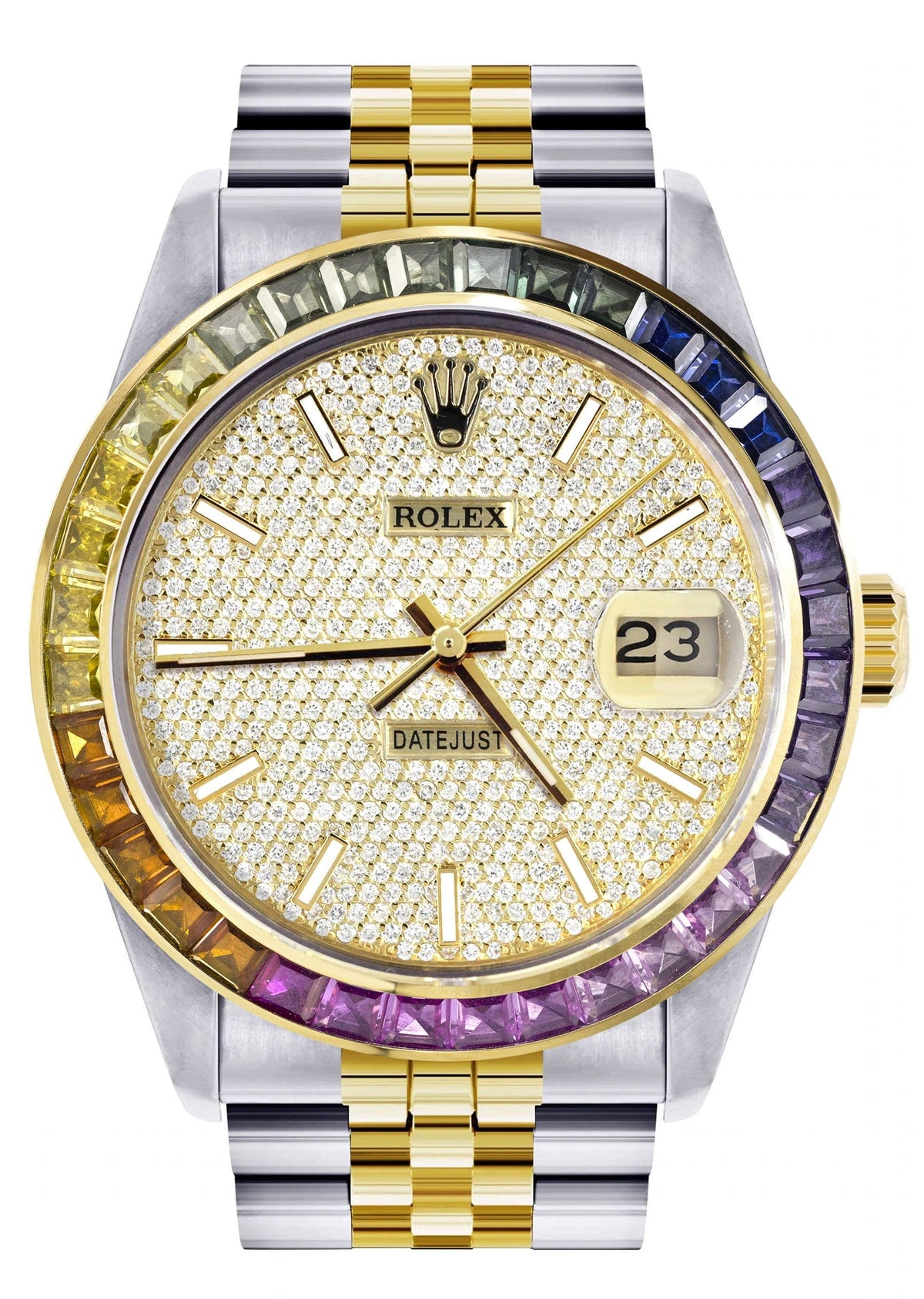 Diamond Gold Rolex Watch For Men 16233 | 36Mm | Rainbow Sapphire Bezel | Full Diamond Dial | Jubilee Band