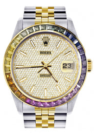 Diamond Gold Rolex Watch For Men 16233 | 36Mm | Rainbow Sapphire Bezel | Full Diamond Dial | Jubilee Band