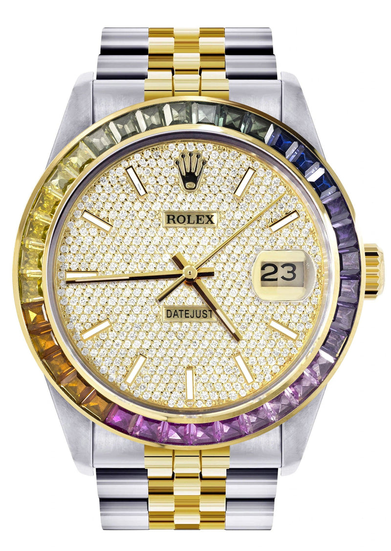 Diamond Gold Rolex Watch For Men 16233 | 36Mm | Rainbow Sapphire Bezel | Full Diamond Dial | Jubilee Band