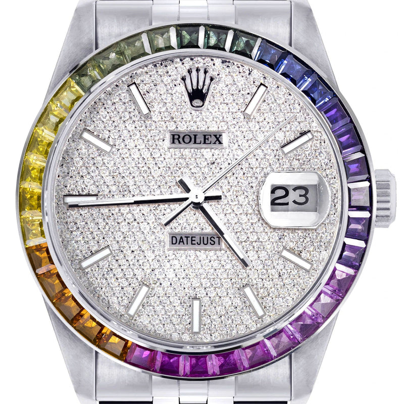 Diamond Gold Rolex Watch For Men 16200 | 36Mm | Rainbow Sapphire Bezel | Iced Out Diamond Dial | Jubilee Band