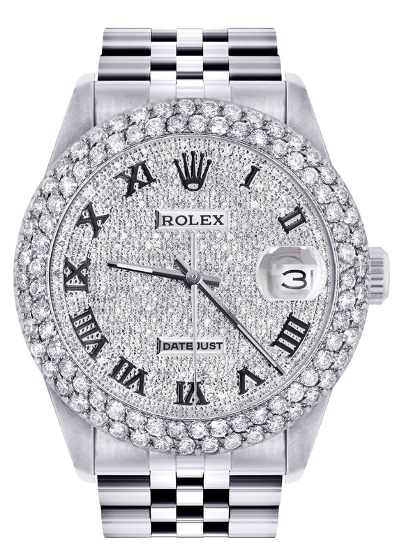 Mens Rolex Datejust Watch 16200 | 36Mm | Full Diamond Roman Numeral Dial | Two Row 4.25 Carat Bezel | Jubilee Band