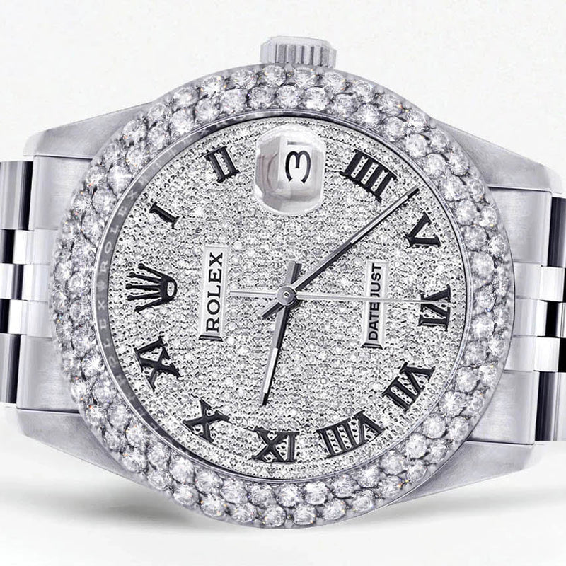 Womens Rolex Datejust Watch 16200 | 36Mm | Full Diamond Roman Numeral Dial | Two Row 4.25 Carat Bezel | Jubilee Band