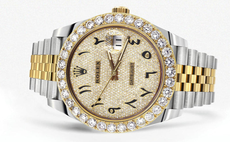 Rolex Datejust 41 Watch | 41 MM | 18K Yellow Gold & Stainless Steel | Custom Iced Out Arabic Diamond Dial | Jubilee Band