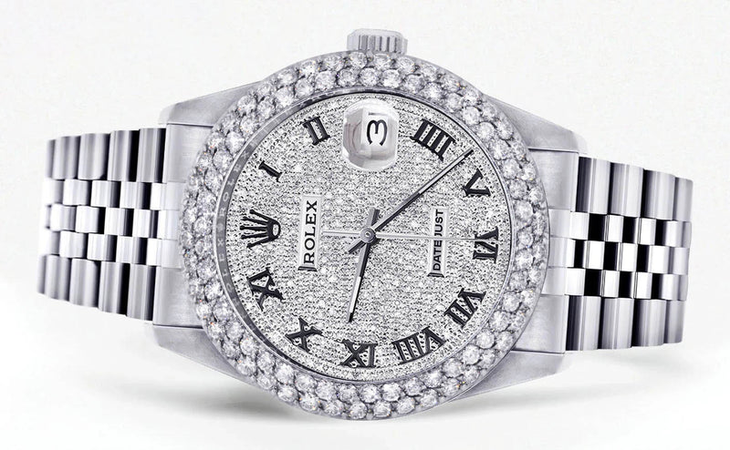 Mens Rolex Datejust Watch 16200 | 36Mm | Full Diamond Roman Numeral Dial | Two Row 4.25 Carat Bezel | Jubilee Band